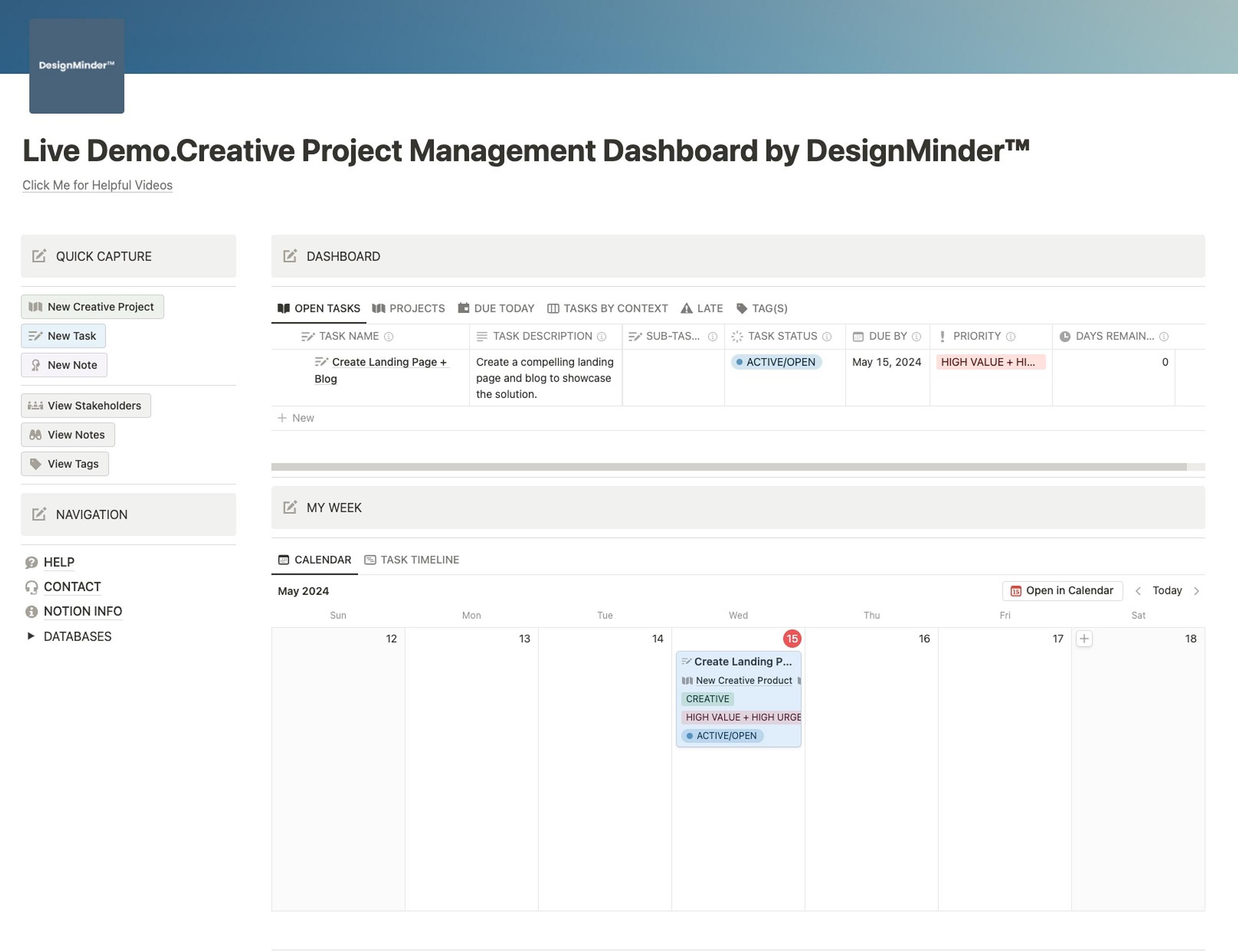 The Creative Project Management Notion Dashboard by DesignMinder™