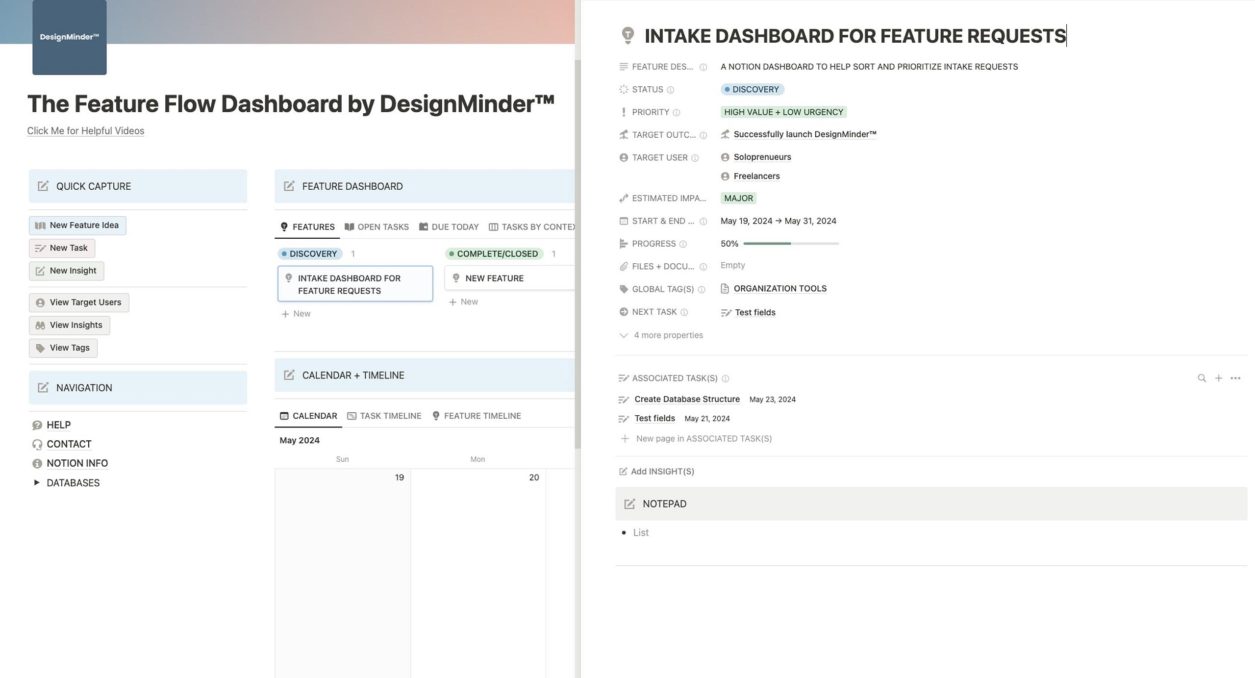 The Feature Flow Dashboard Template by DesignMinder™