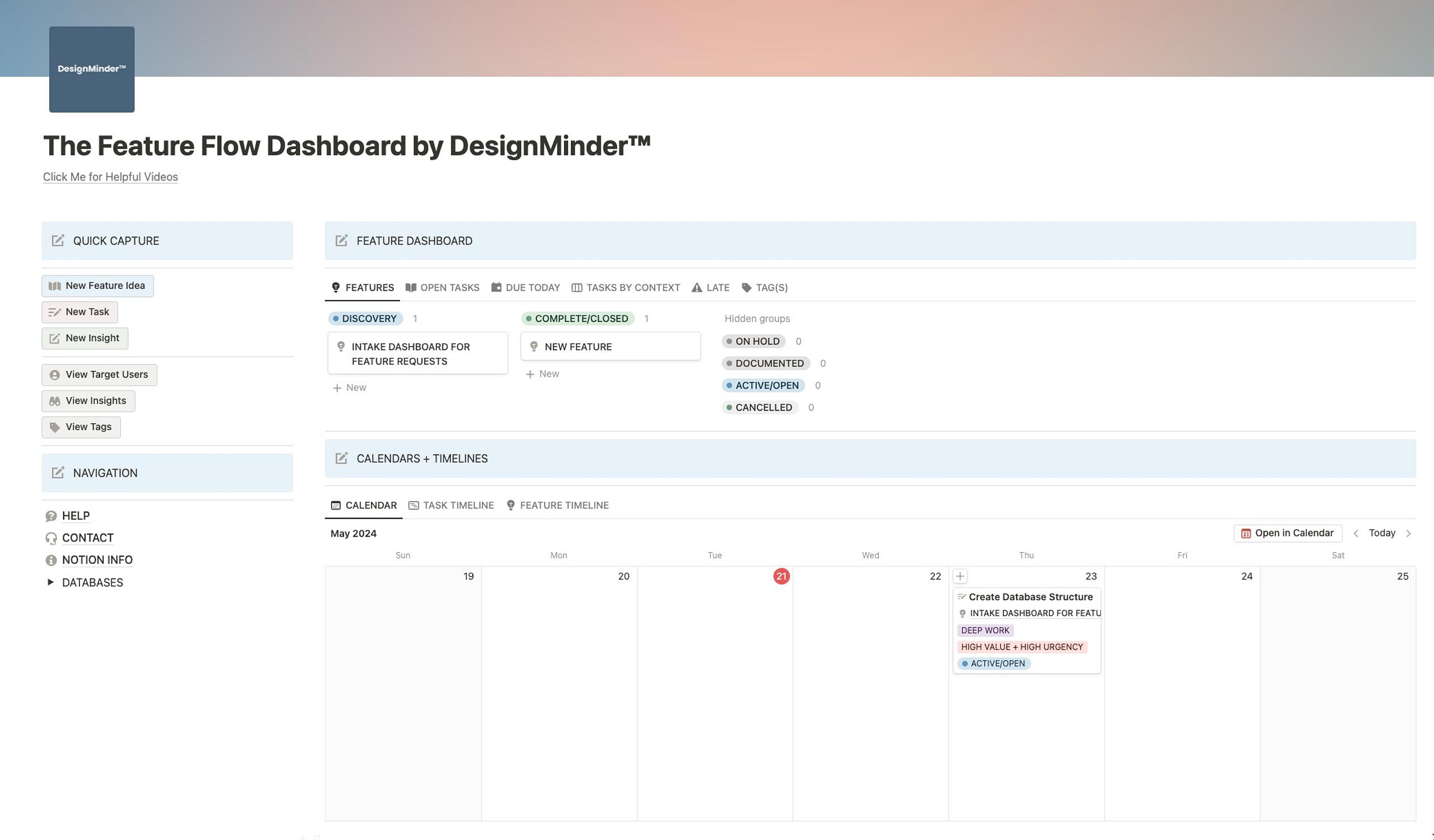 The Feature Flow Dashboard Template by DesignMinder™