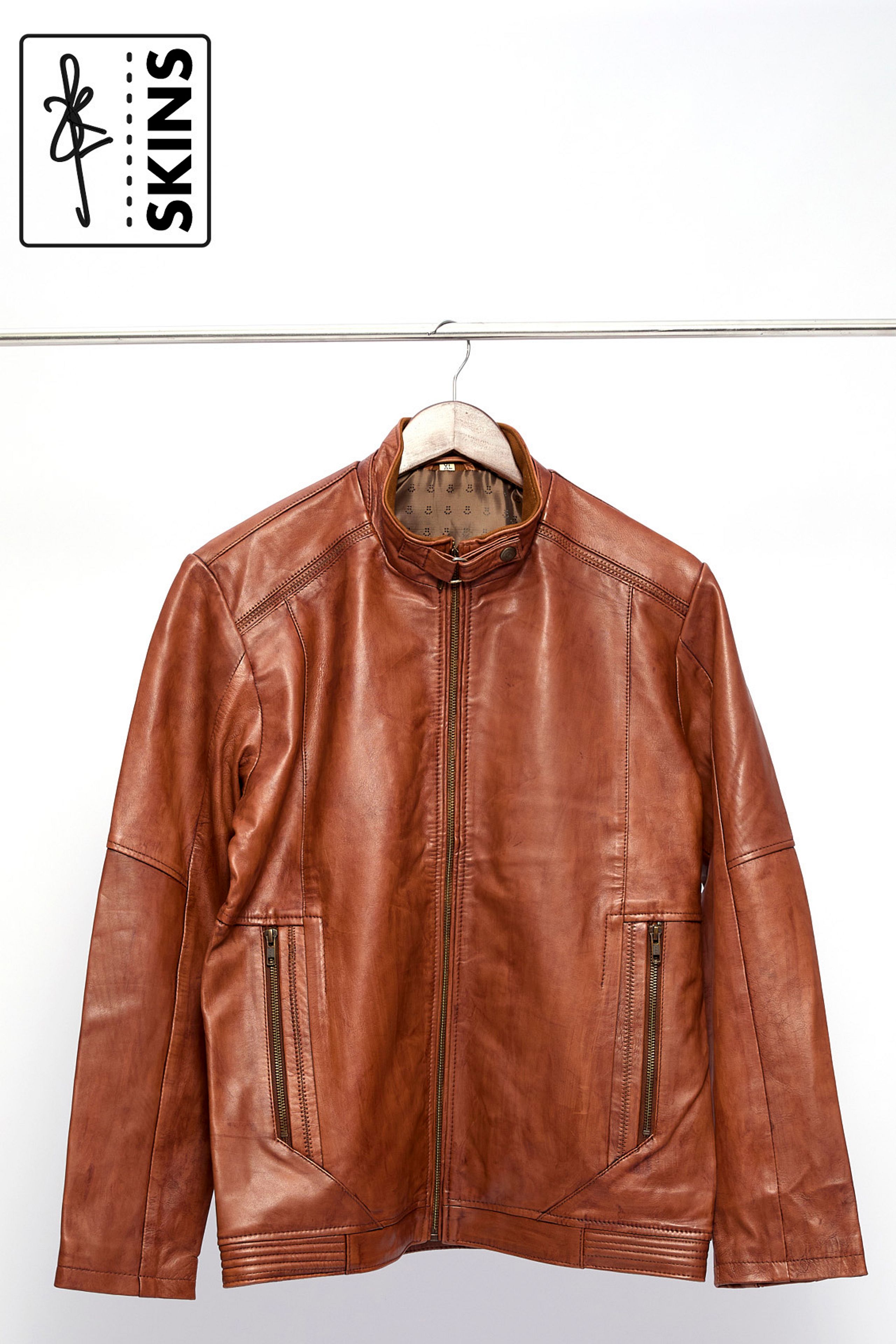SKINS Odh : Leather Moto Jacket with Stand Collar (Cognac Brown)