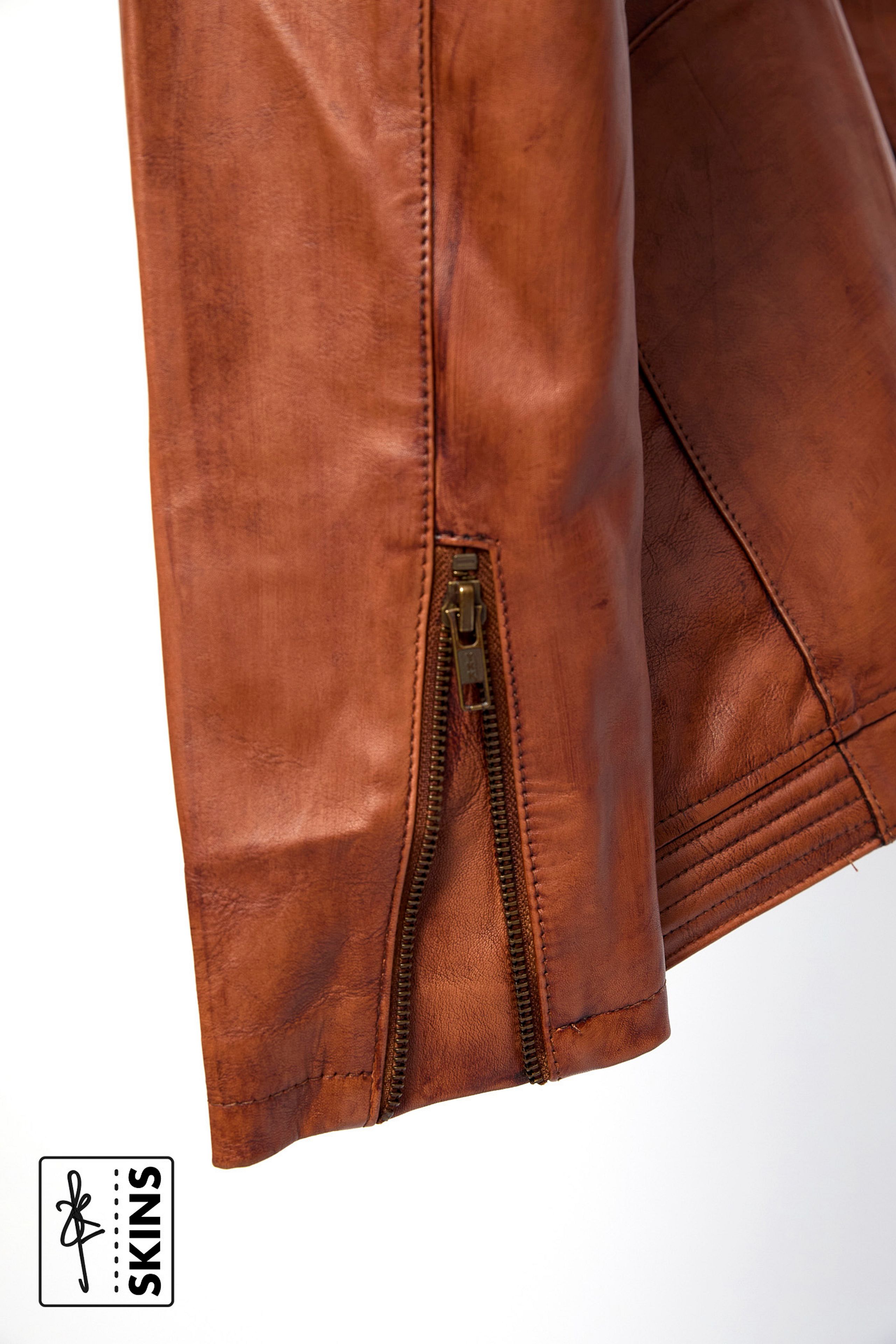 SKINS Odh : Leather Moto Jacket with Stand Collar (Cognac Brown)