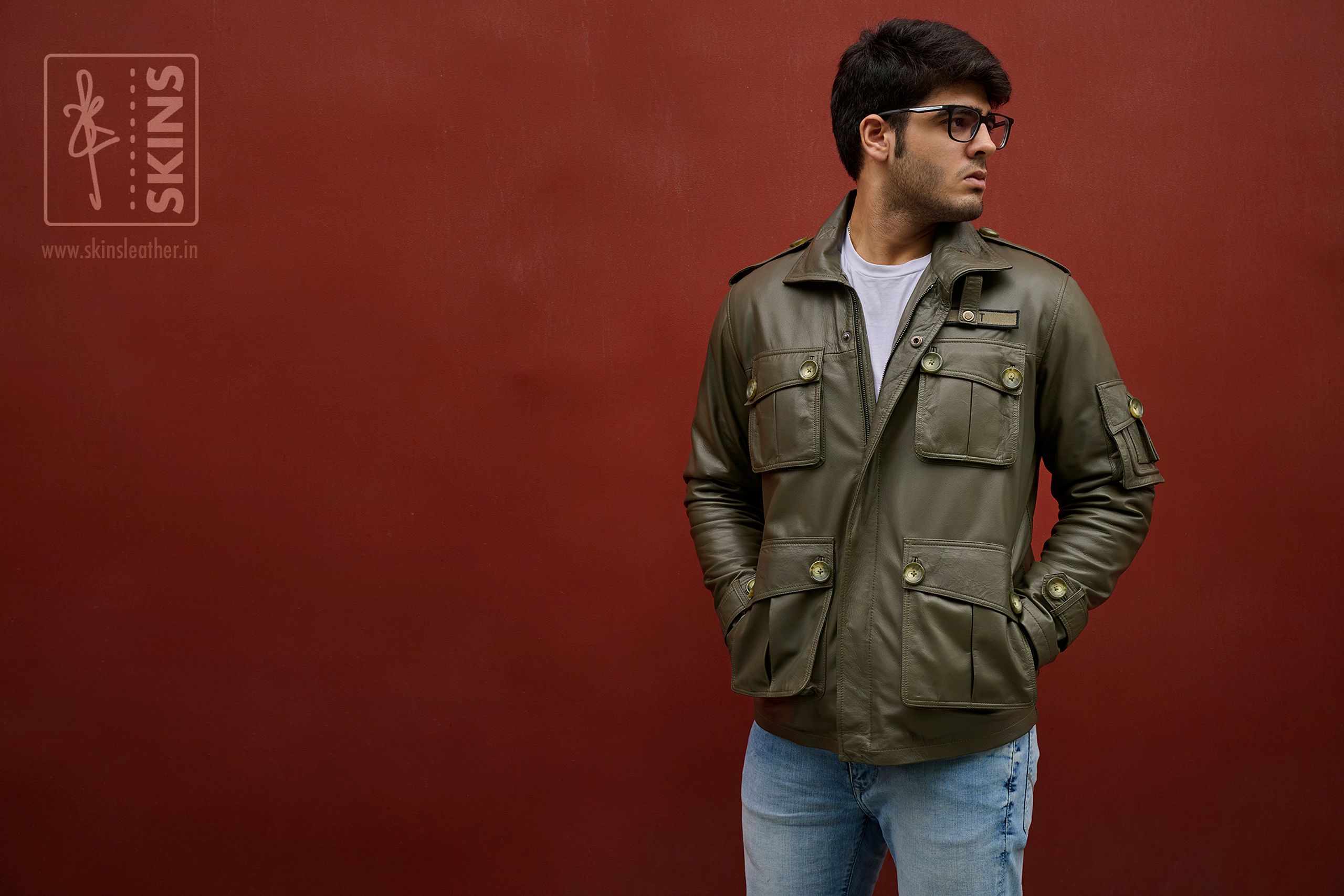 SKINS Odh : M65 Field Leather Jacket (Olive Green)