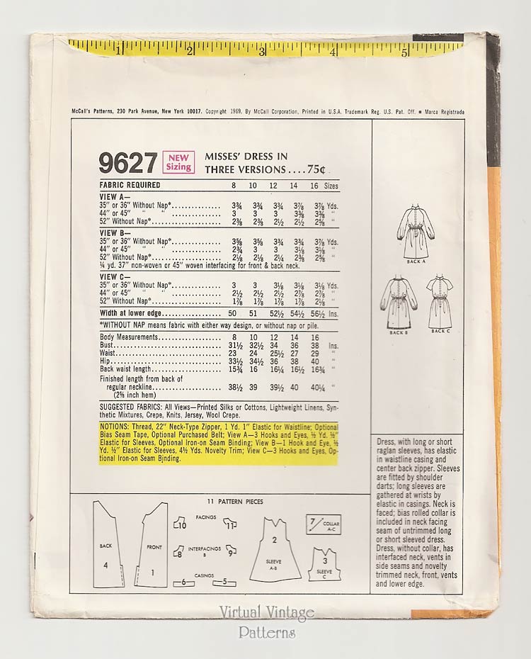 1960s Dress Sewing Pattern, McCalls 9627, Raglan Sleeve Dress